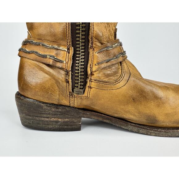 Bed|Stu Glendale Tan Leather Harness Moto Boots Womens 10 Goodyear Welt Boho - Picture 7 of 16
